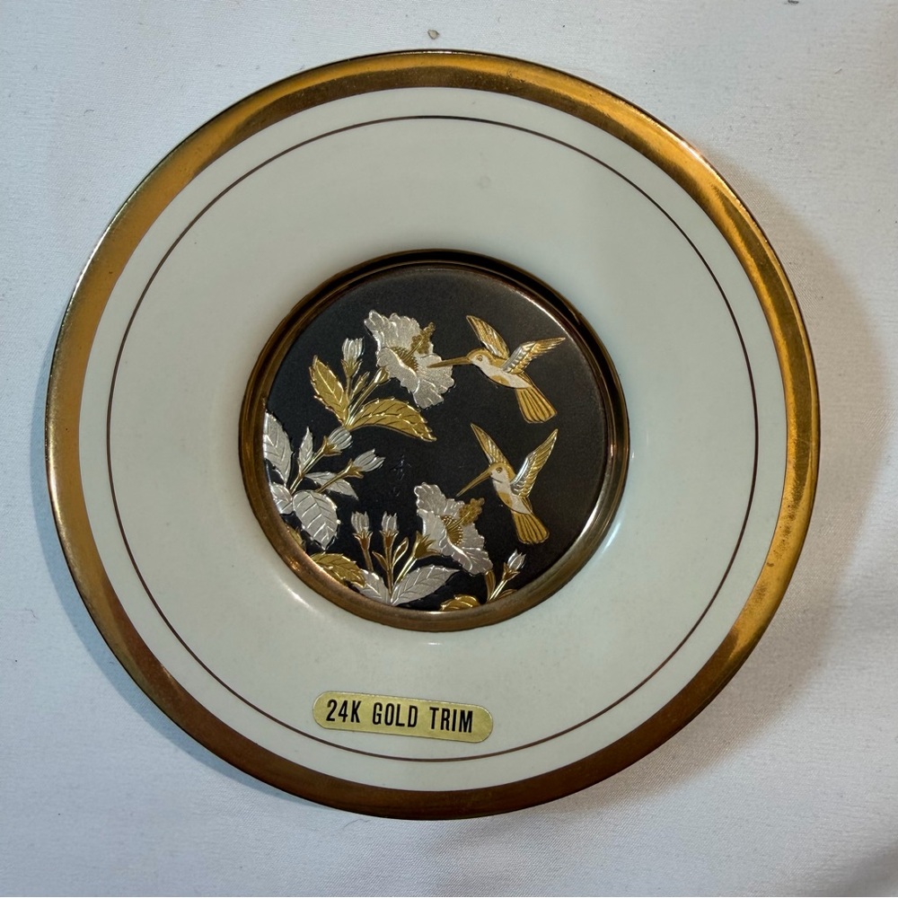 The Art of Chokin Hummingbirds with Flowers 24K Gold Trim Collectors Plate 5”